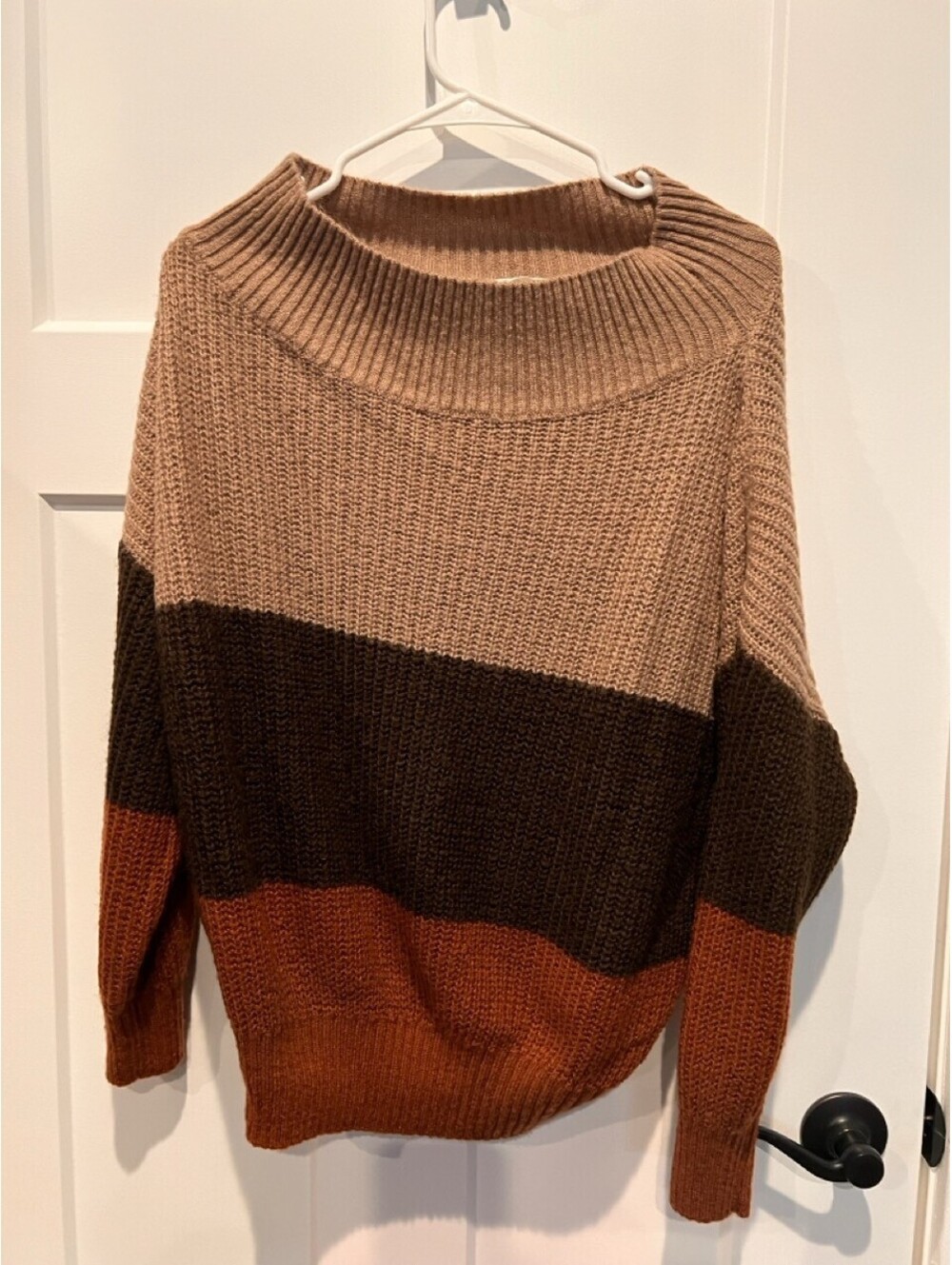 Womens Small Brown Tan Rust Colorblock Oversized Knit Sweater Acrylic